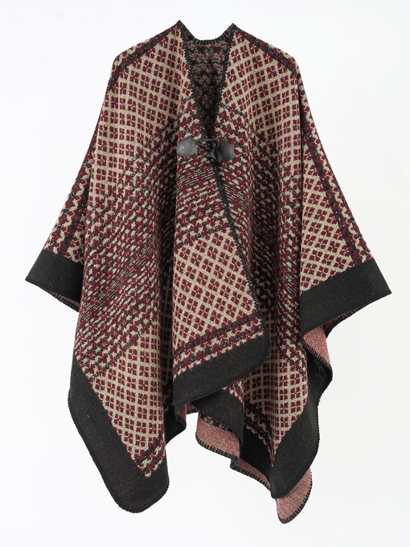 Dametrykt Cape Toggle Closure Daily Casual Poncho - Burgunder