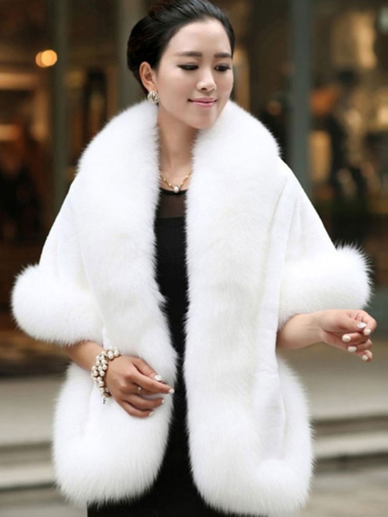 Faux Fur Wrap Sjal White Poncho Vinterkappe For Kvinner Kapp - Hvit