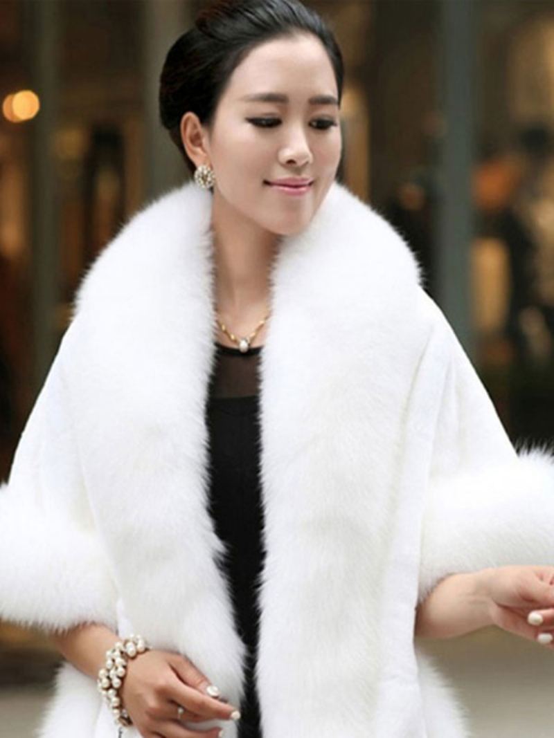 Faux Fur Wrap Sjal White Poncho Vinterkappe For Kvinner Kapp - Hvit