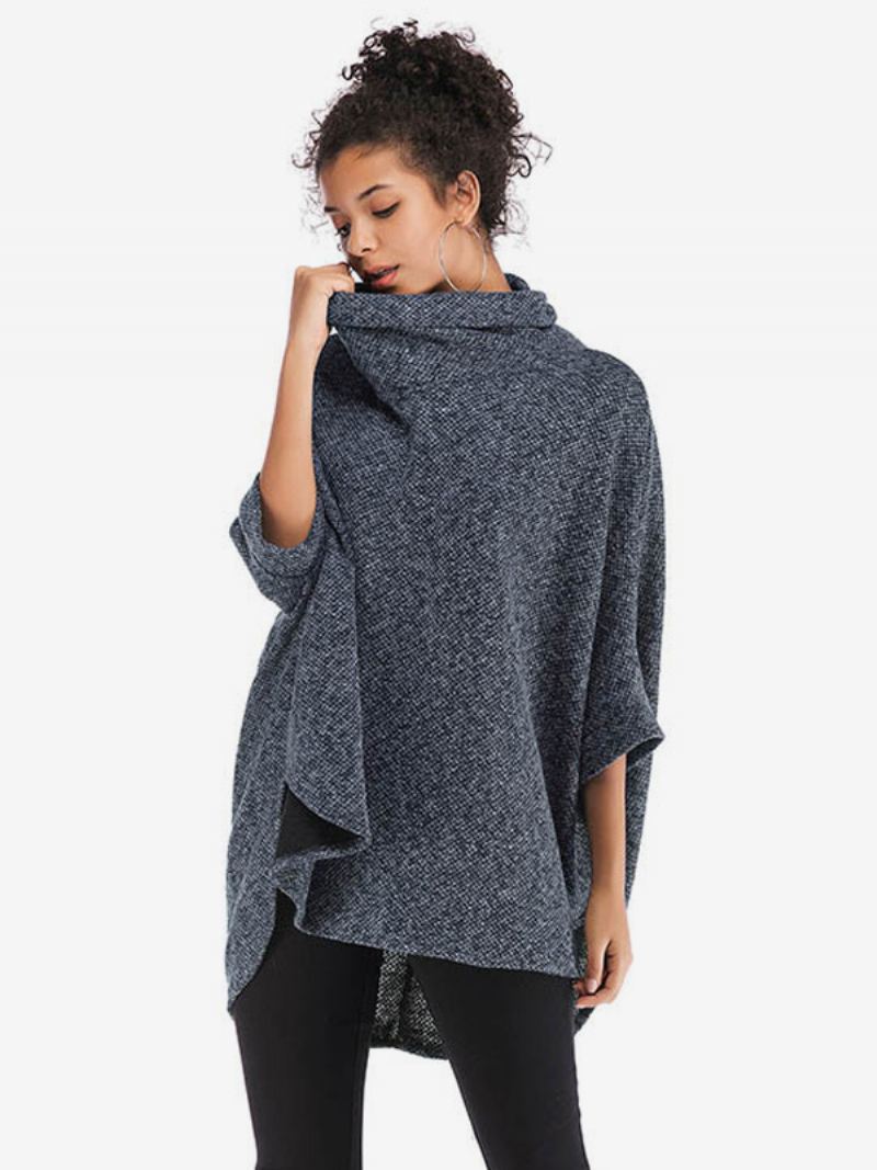 Halve Ermer For Kvinner Kapp Høy Krage Oversized Casual Elegant Poncho - Mørk Navy