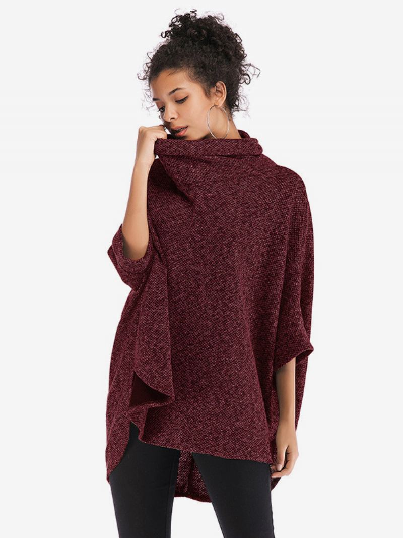 Halve Ermer For Kvinner Kapp Høy Krage Oversized Casual Elegant Poncho - Burgunder