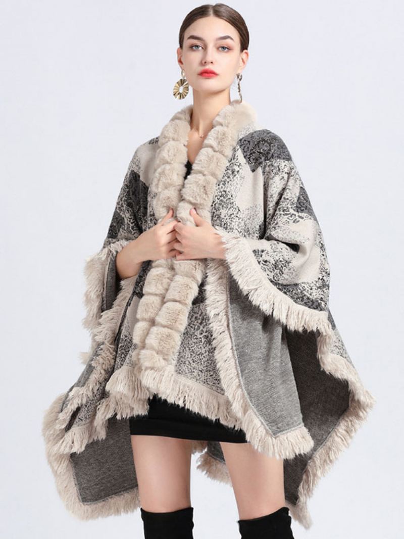 Kappe Kapp Faux Fur Wraps Sjal Spring Poncho Coat For Dame - Beige