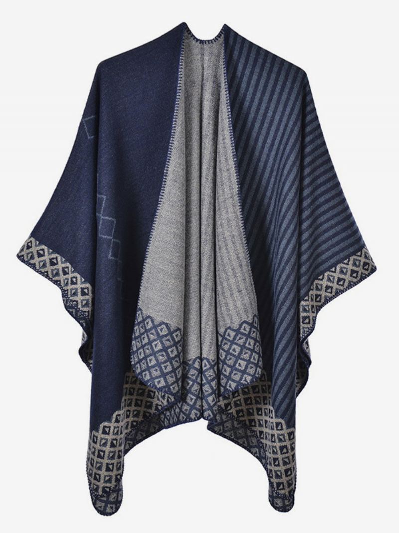 Kvinner Cape Geometric Color Block Daglig Casual Høst Vinter Poncho - Mørk Navy