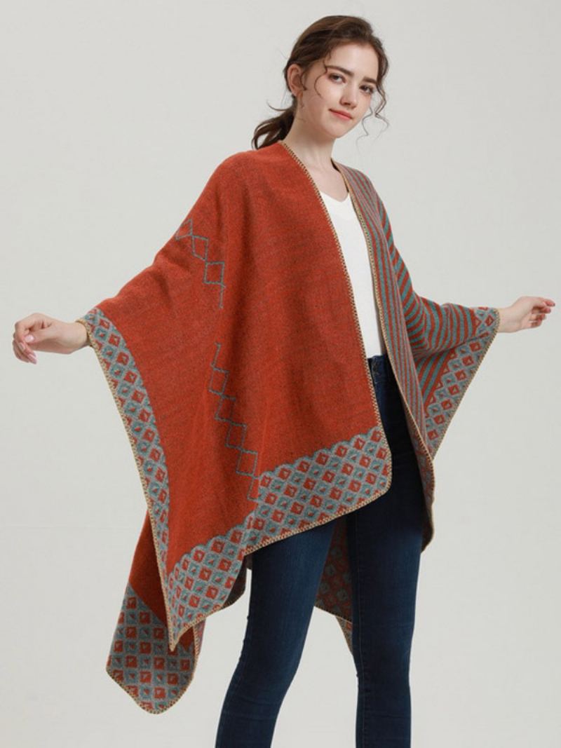 Kvinner Cape Geometric Color Block Daglig Casual Høst Vinter Poncho - Oransje