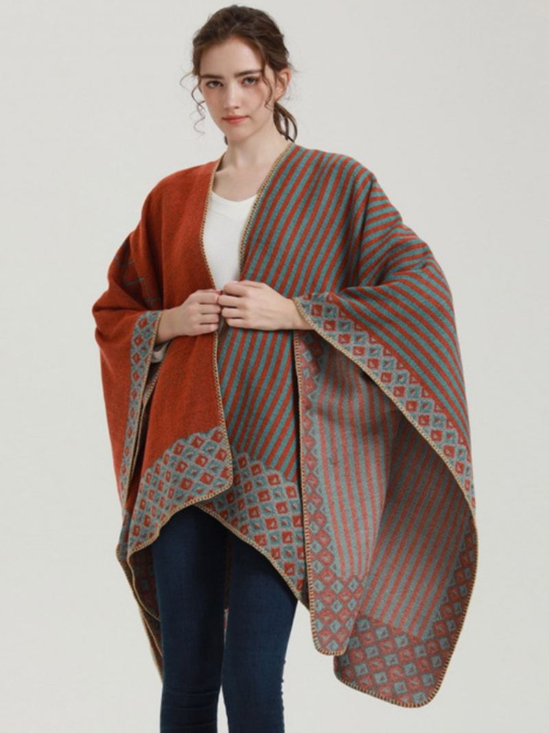 Kvinner Cape Geometric Color Block Daglig Casual Høst Vinter Poncho - Oransje