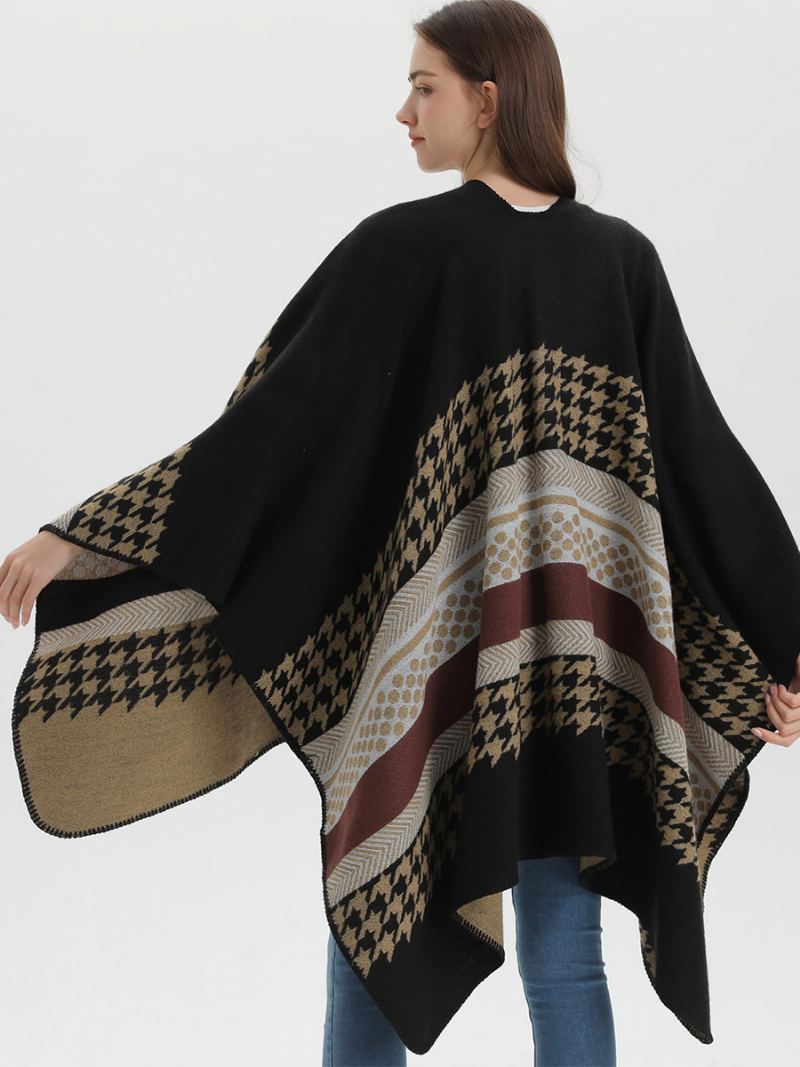 Kvinner Cape Plaid Color Block Daglig Casual Høst Vinter Poncho - Sort