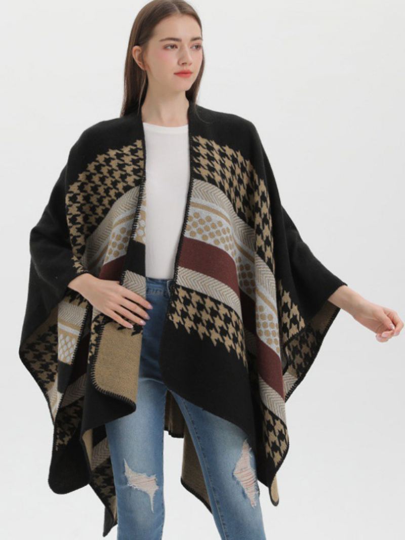 Kvinner Cape Plaid Color Block Daglig Casual Høst Vinter Poncho - Sort