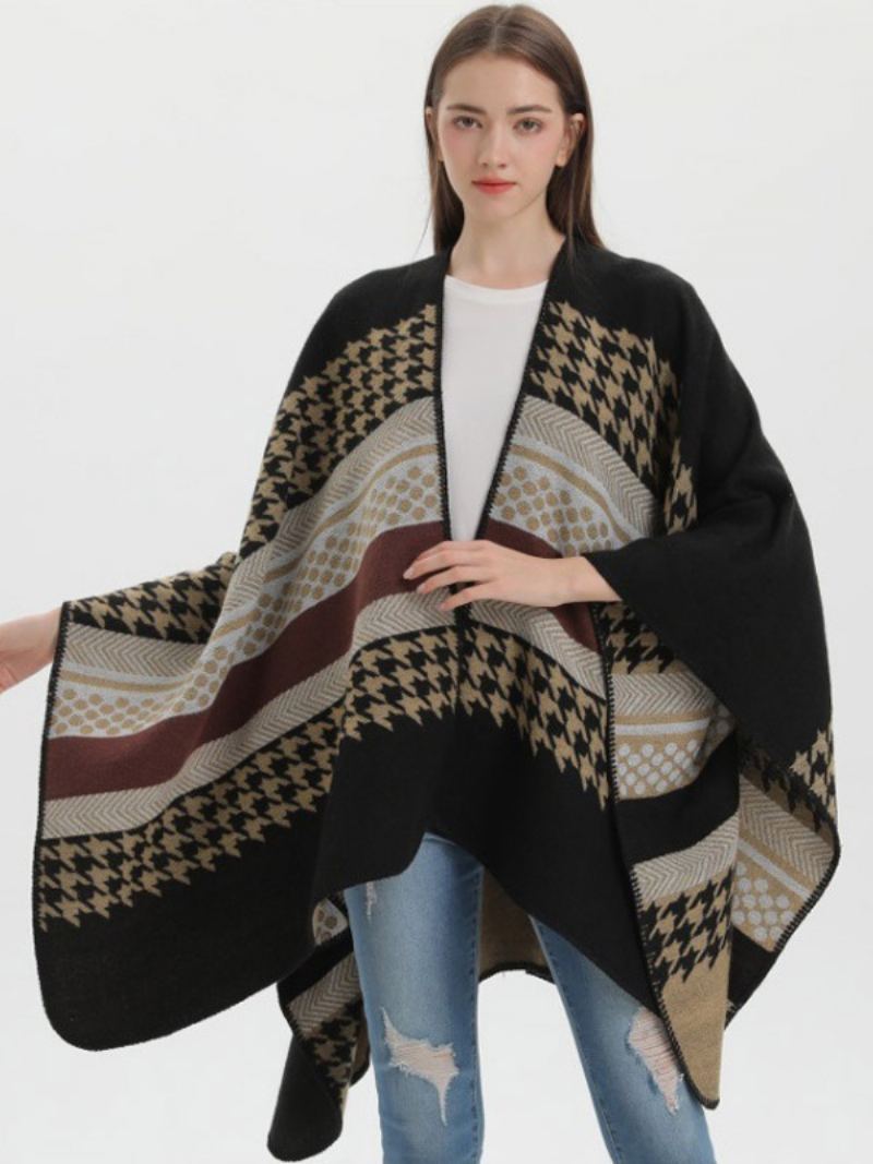 Kvinner Cape Plaid Color Block Daglig Casual Høst Vinter Poncho - Sort