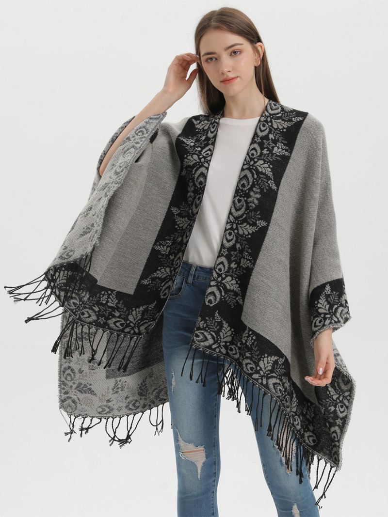 Kvinners Bohemian Fringe Cape-trykt Overdimensjonerte Høst-vinter-ponchoer