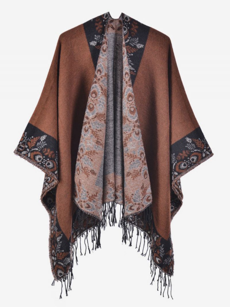 Kvinners Bohemian Fringe Cape-trykt Overdimensjonerte Høst-vinter-ponchoer - Kaffe Brun