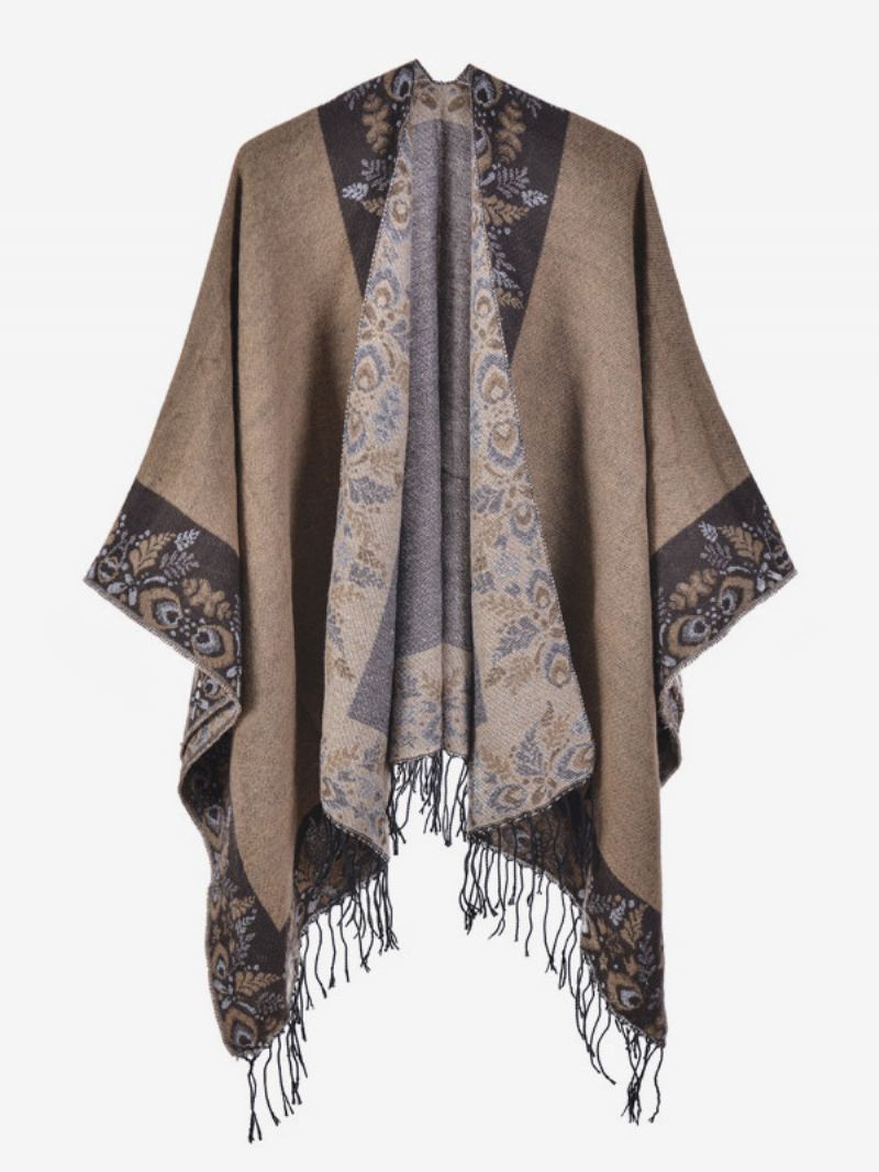 Kvinners Bohemian Fringe Cape-trykt Overdimensjonerte Høst-vinter-ponchoer - Kamel