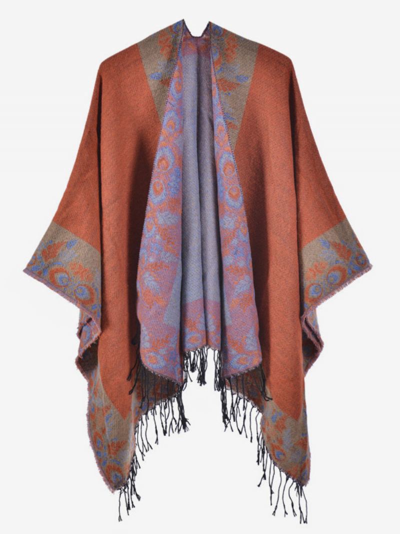 Kvinners Bohemian Fringe Cape-trykt Overdimensjonerte Høst-vinter-ponchoer - Oransje