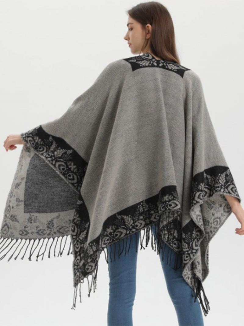 Kvinners Bohemian Fringe Cape-trykt Overdimensjonerte Høst-vinter-ponchoer - Sort