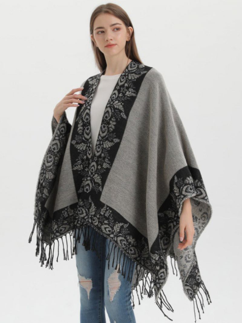 Kvinners Bohemian Fringe Cape-trykt Overdimensjonerte Høst-vinter-ponchoer - Sort