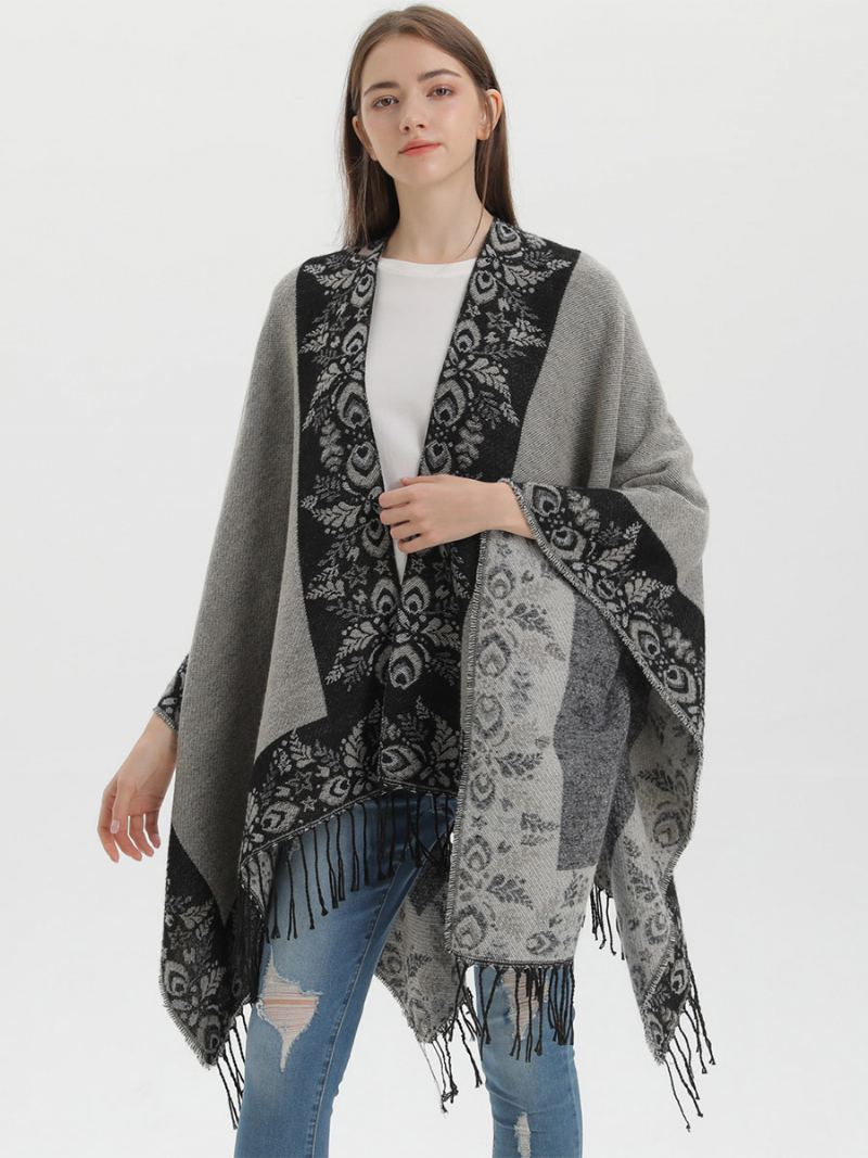 Kvinners Bohemian Fringe Cape-trykt Overdimensjonerte Høst-vinter-ponchoer - Sort