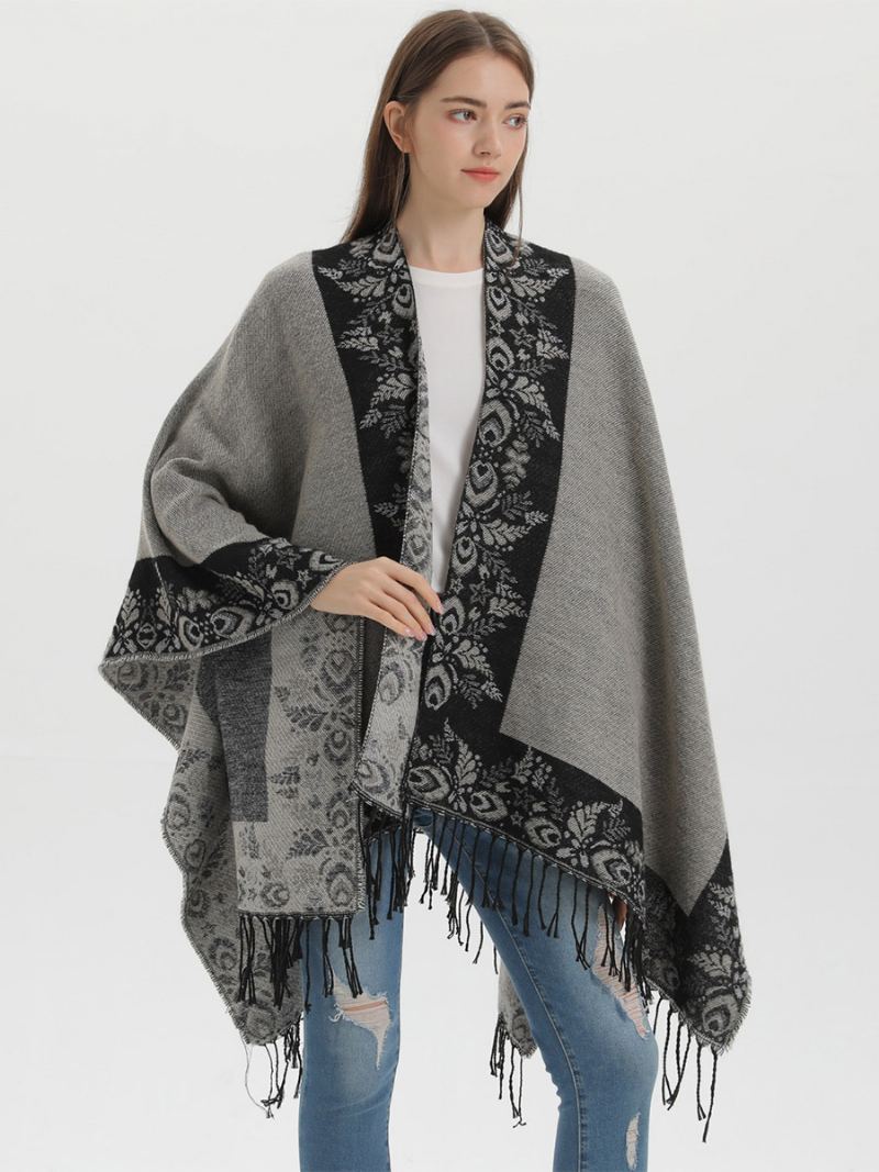 Kvinners Bohemian Fringe Cape-trykt Overdimensjonerte Høst-vinter-ponchoer - Sort