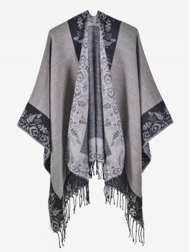 Kvinners Bohemian Fringe Cape-trykt Overdimensjonerte Høst-vinter-ponchoer - Sort