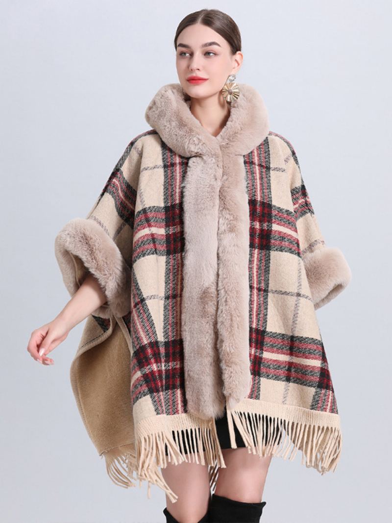 Kvinners Christmas Cape Coat Hette Rutete Frynser Vinter Poncho Yttertøy - Beige