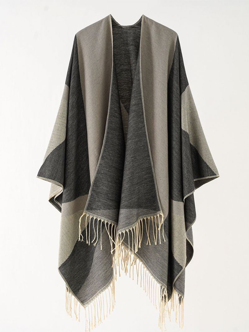 Kvinners Tofargede Cape Daily Causal Poncho Med Frynser