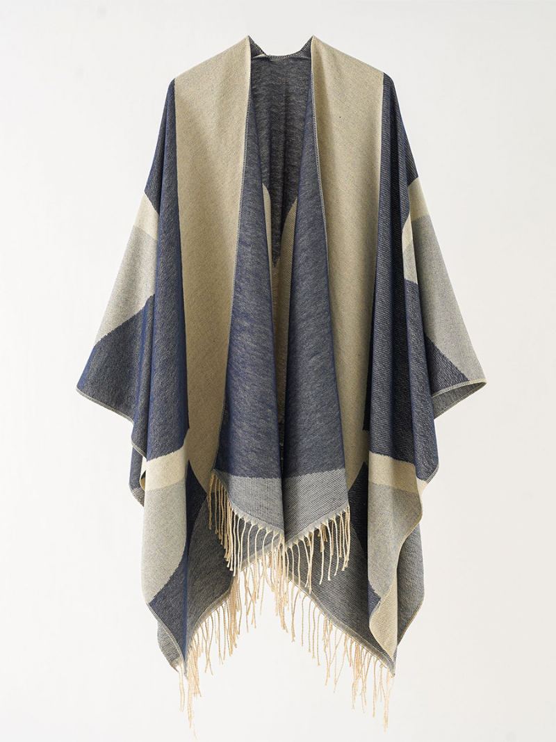 Kvinners Tofargede Cape Daily Causal Poncho Med Frynser - Dark Navy