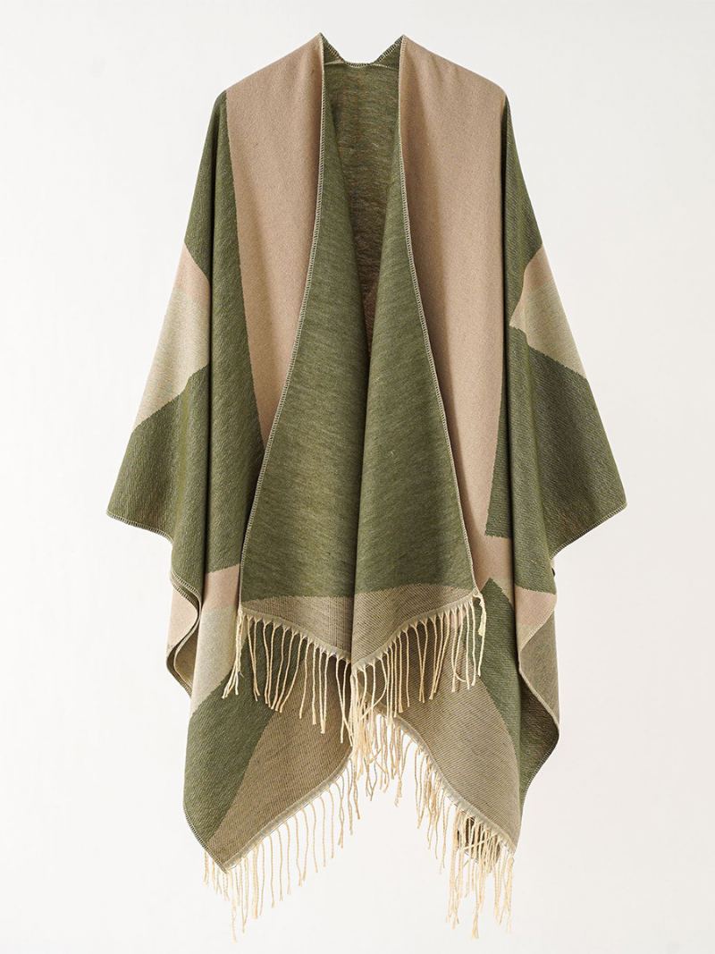 Kvinners Tofargede Cape Daily Causal Poncho Med Frynser - Hunter Green