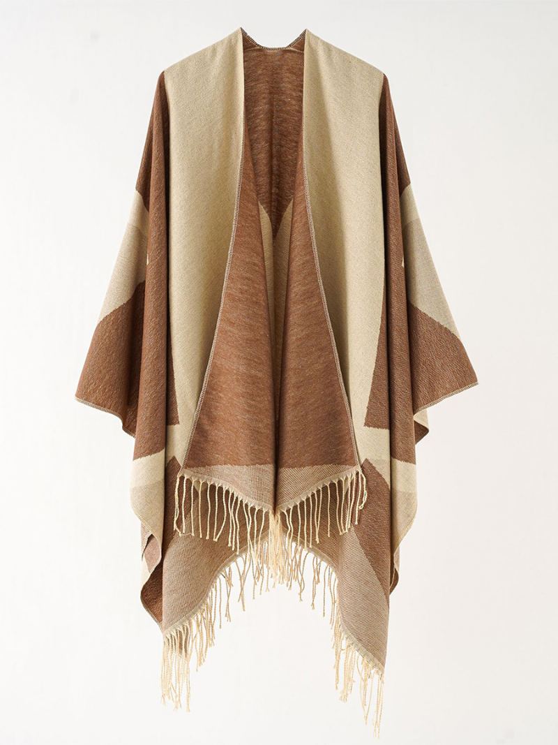 Kvinners Tofargede Cape Daily Causal Poncho Med Frynser - Kaffebrun