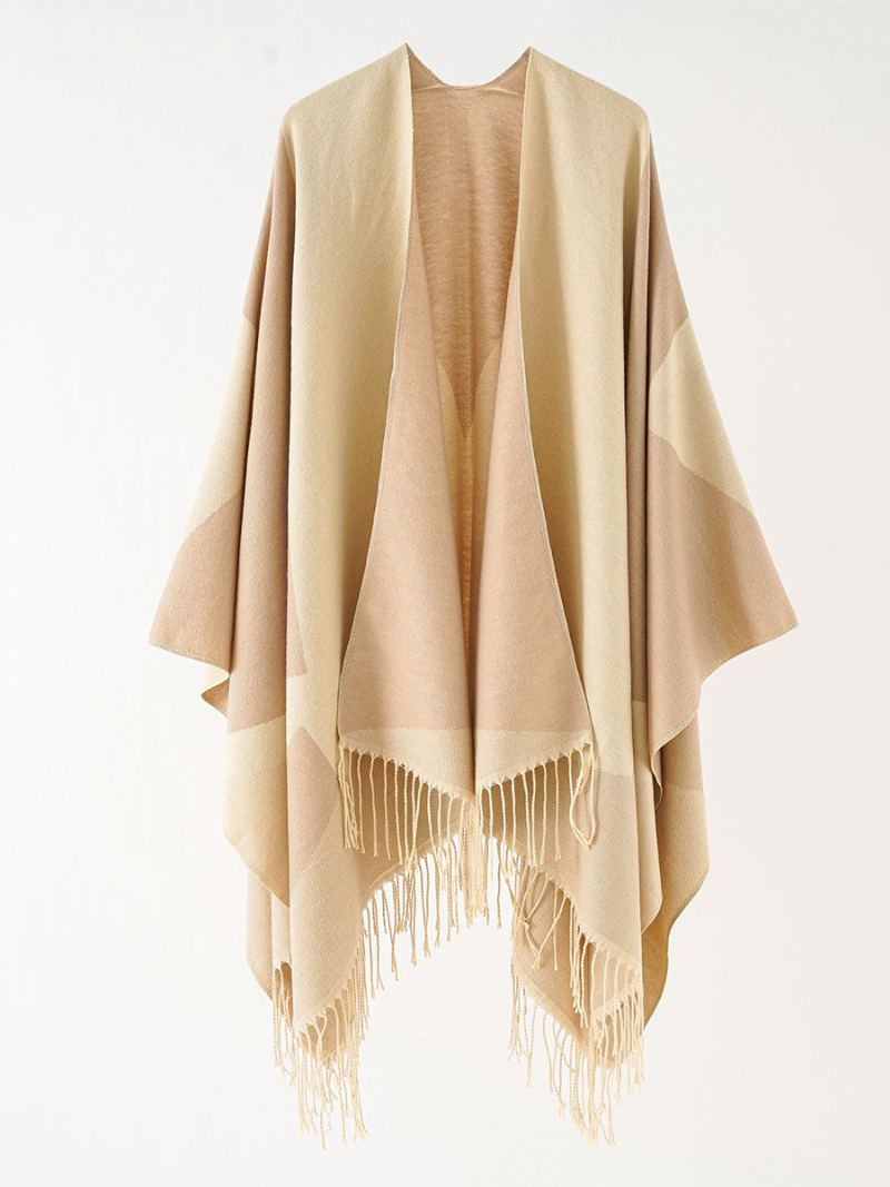 Kvinners Tofargede Cape Daily Causal Poncho Med Frynser - Khaki