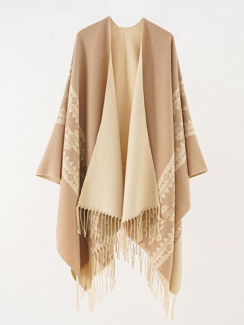 Kvinners Trykt Poncho Daily Casual Cape Med Frynser - Khaki