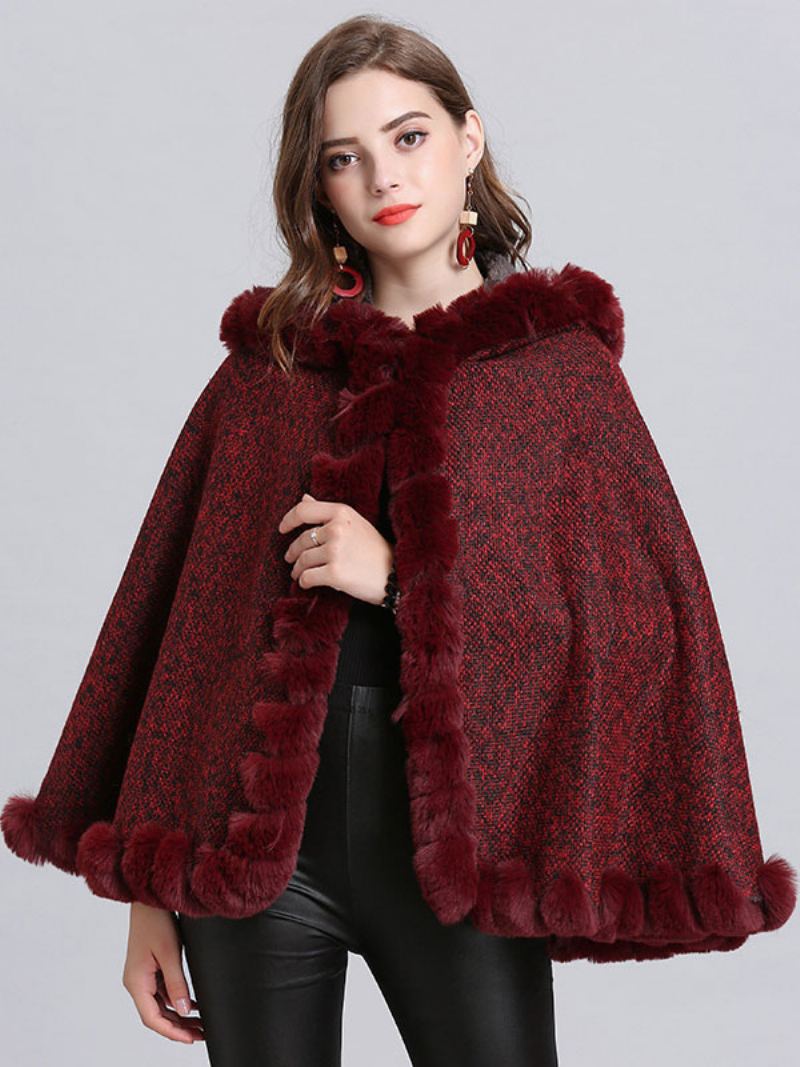 Poncho Hette Burgundy Cape Coat Vinter Yttertøy 2024 For Kvinner