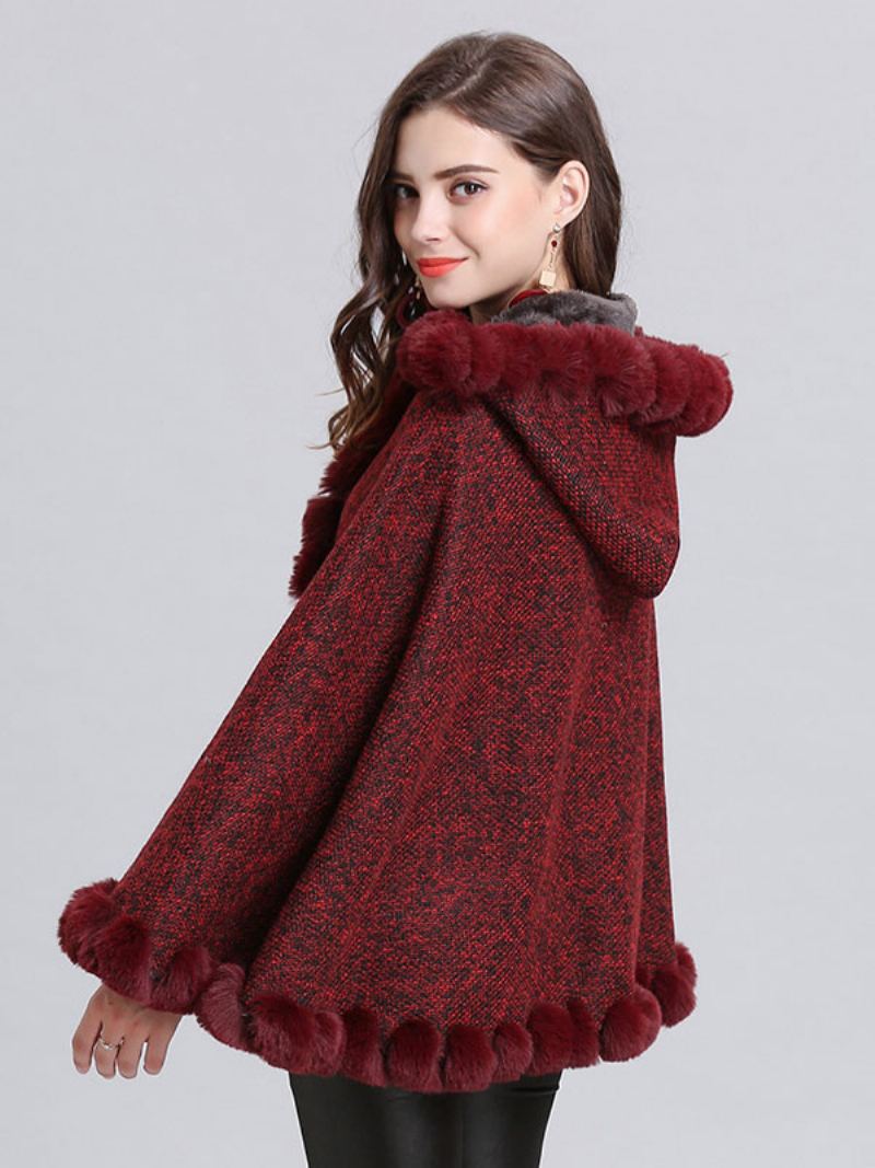 Poncho Hette Burgundy Cape Coat Vinter Yttertøy 2024 For Kvinner - Burgunder