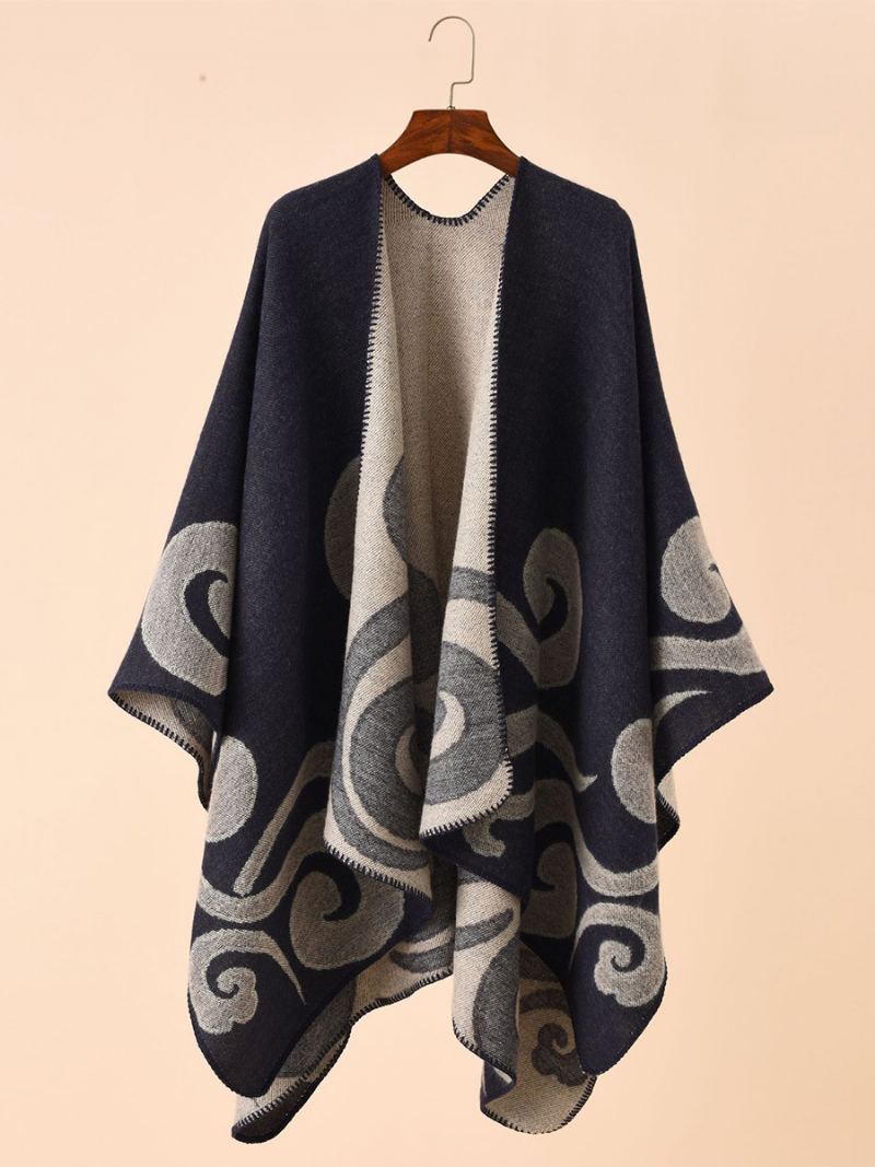 Poncho Med Trykt Daglig Casual Chic Cape For Kvinner - Mørk Navy