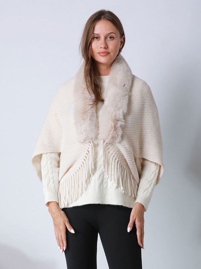 Poncho-sleeved Frynser I Fuskepels For Kvinner Oversized Cape