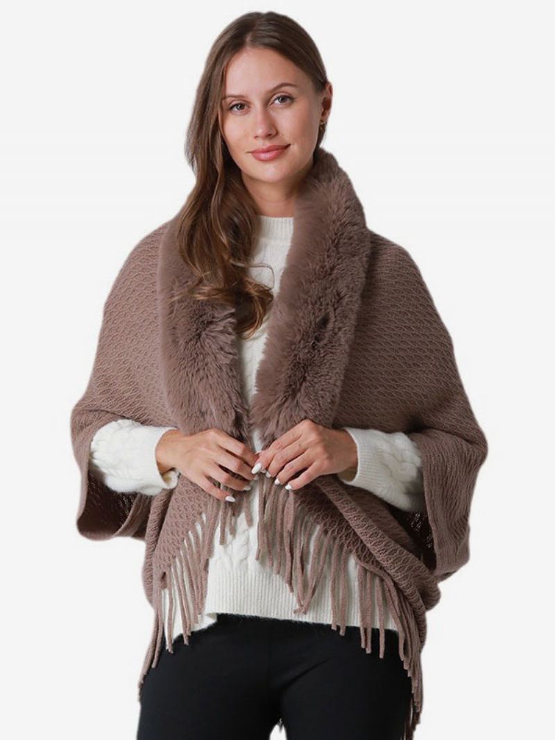 Poncho-sleeved Frynser I Fuskepels For Kvinner Oversized Cape - Kaffe Brun