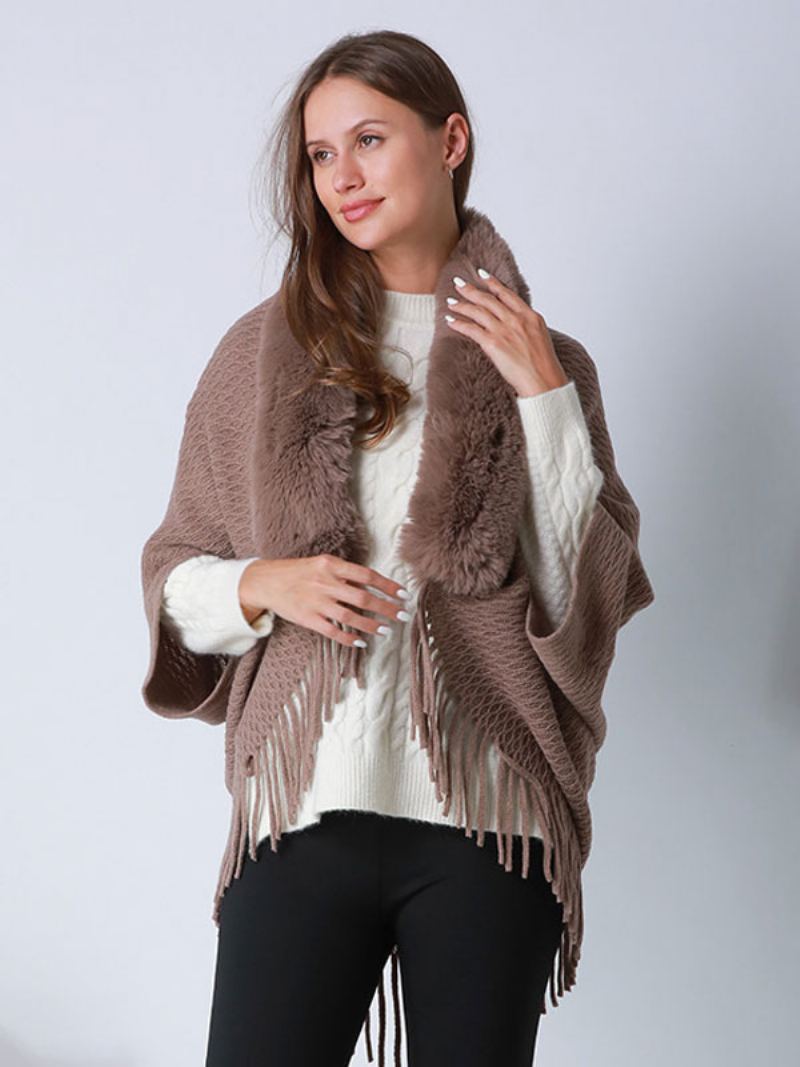 Poncho-sleeved Frynser I Fuskepels For Kvinner Oversized Cape - Kaffe Brun