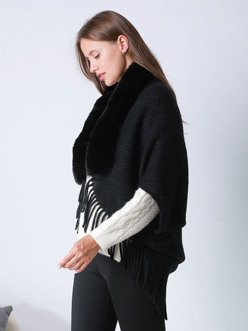 Poncho-sleeved Frynser I Fuskepels For Kvinner Oversized Cape - Sort