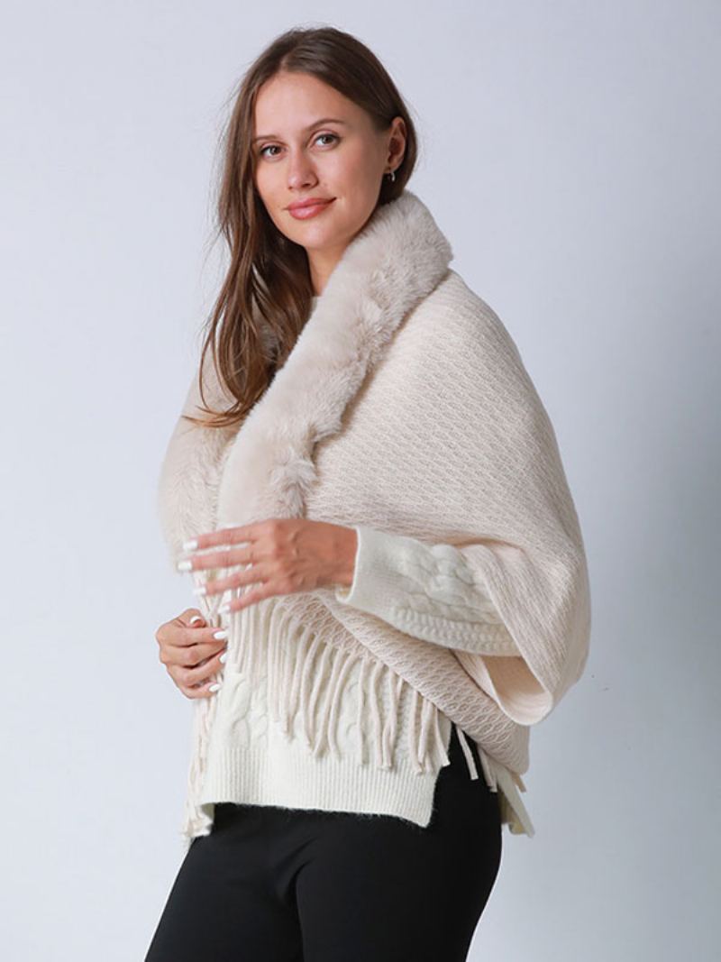 Poncho-sleeved Frynser I Fuskepels For Kvinner Oversized Cape - Hvit