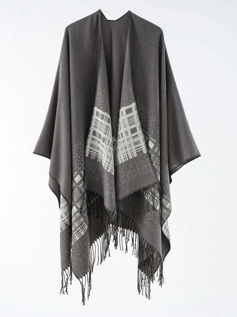 Rutete Poncho For Kvinner Vår Høst Daglig Uformelt Med Frynser - Deep Grey