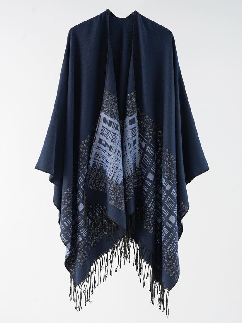 Rutete Poncho For Kvinner Vår Høst Daglig Uformelt Med Frynser - Dark Navy