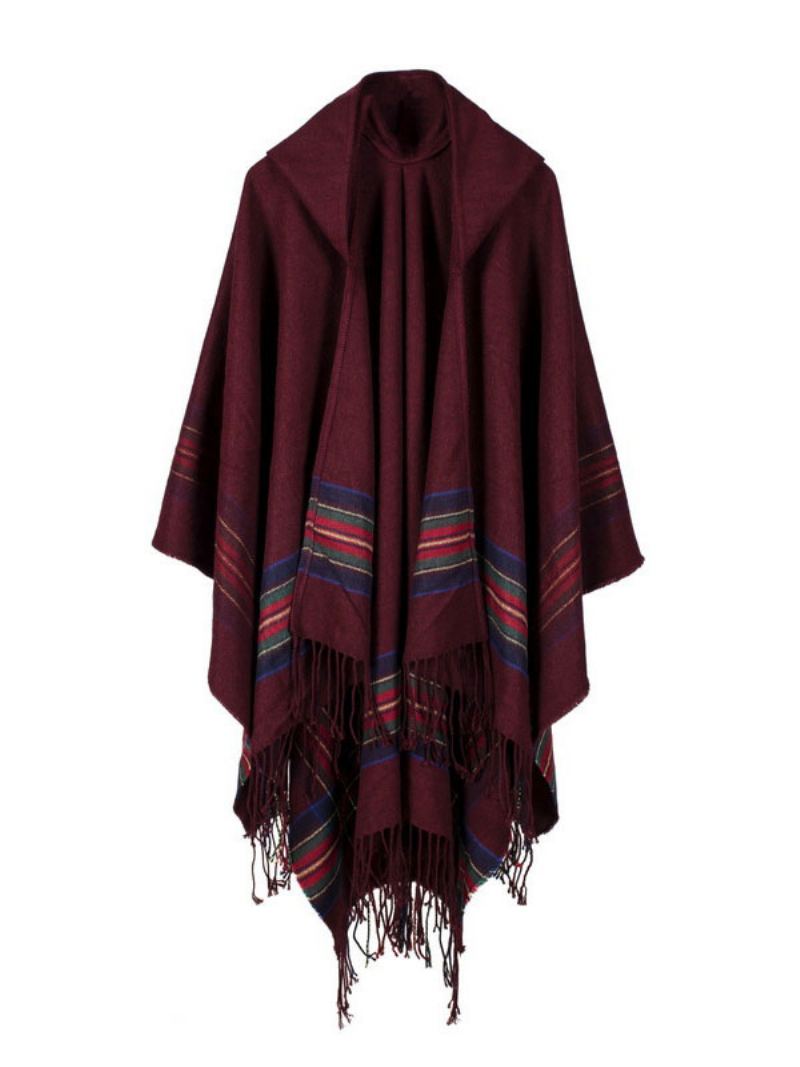 Shawl Wrap Bohemian Hette Frynser Poncho Cardigan Cape For Kvinner - Burgund