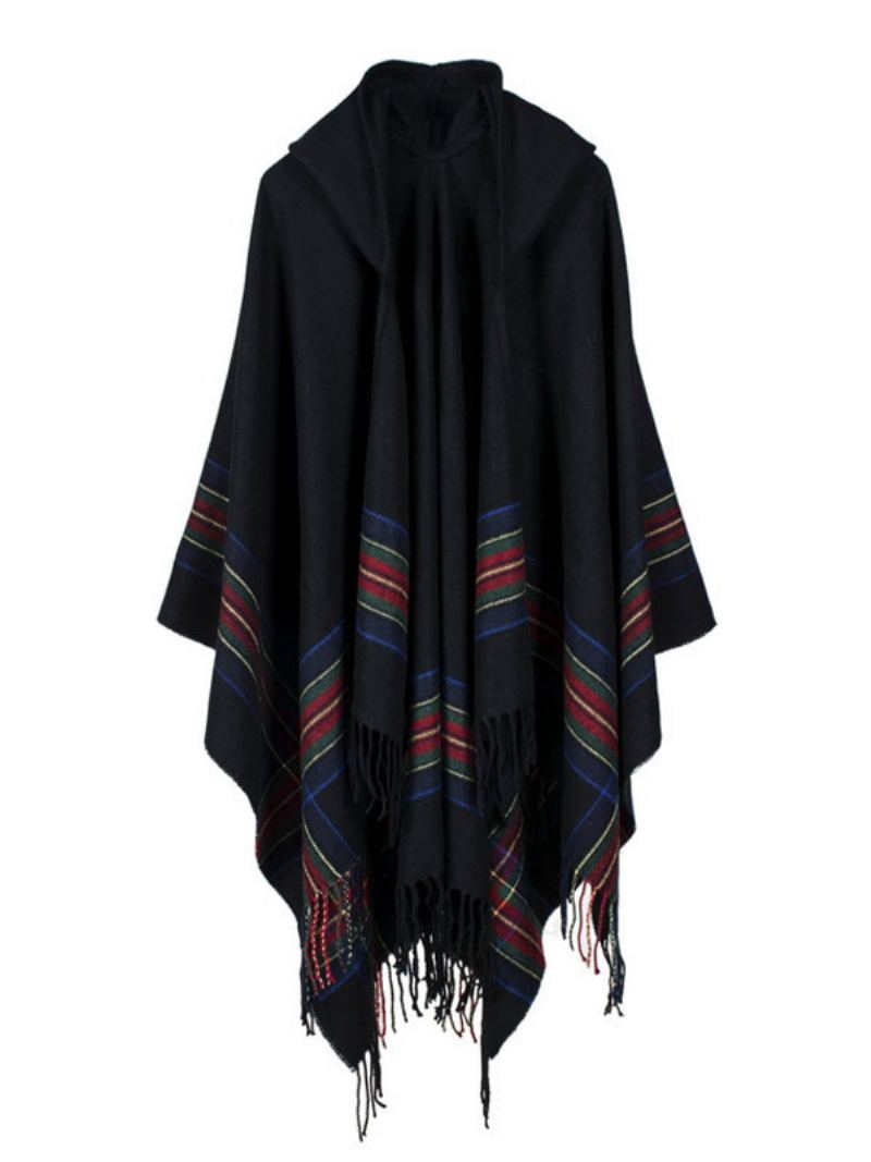 Shawl Wrap Bohemian Hette Frynser Poncho Cardigan Cape For Kvinner - Sort