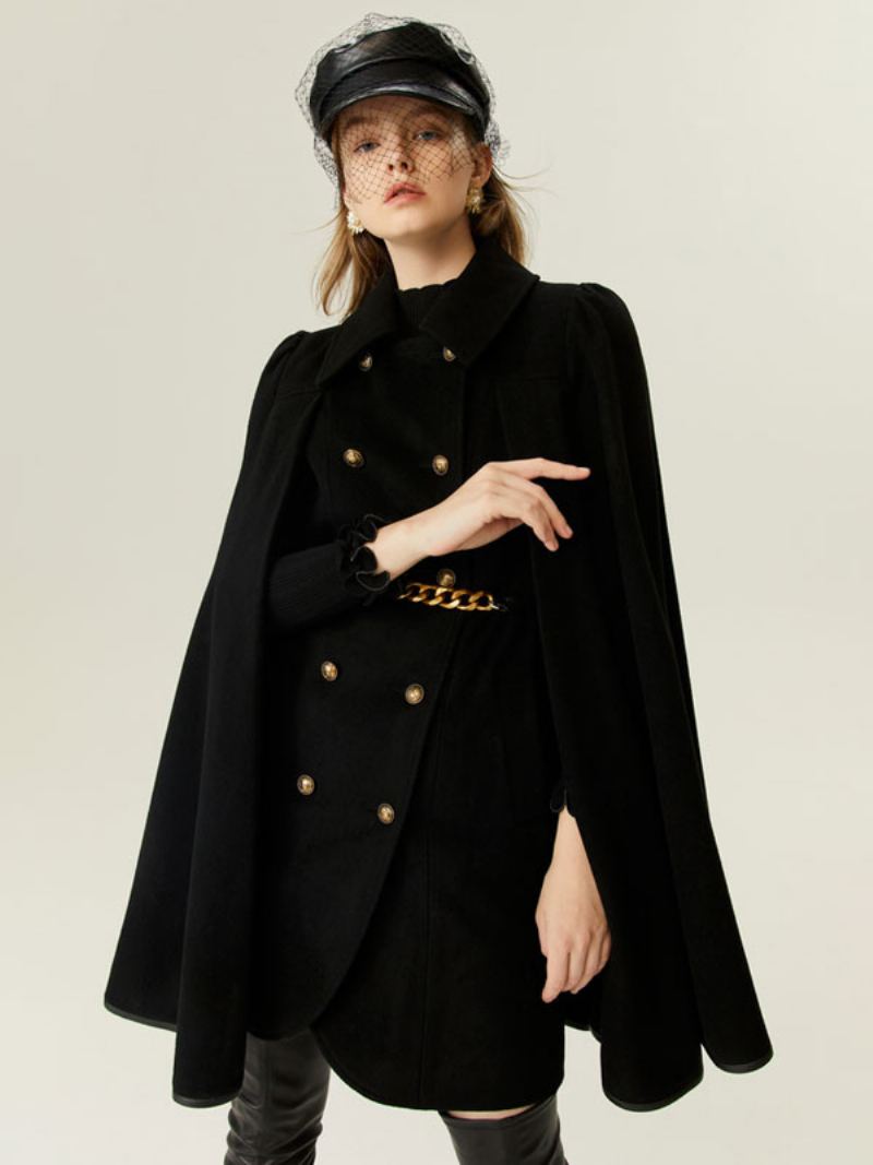 Ull Poncho Coat Dobbel Breasted Cape Chain Belte Yttertøy For Dame