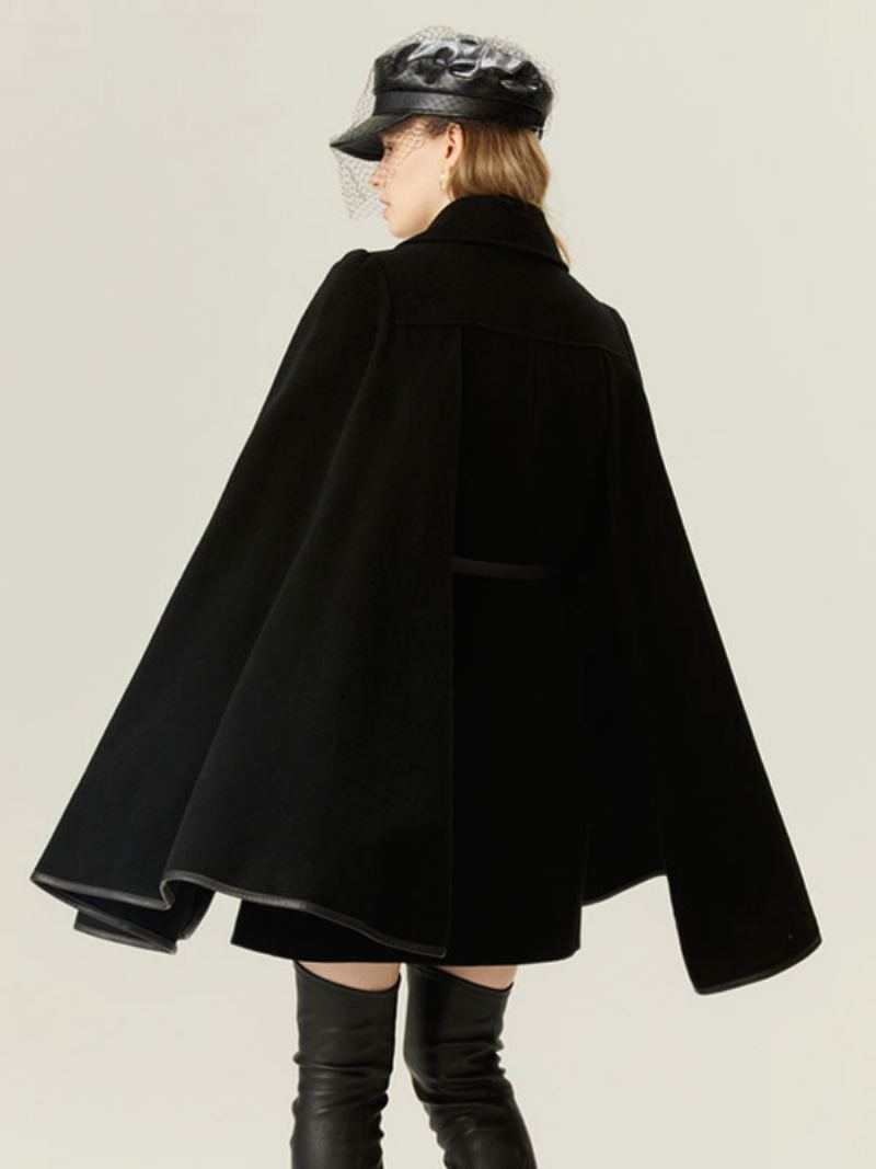 Ull Poncho Coat Dobbel Breasted Cape Chain Belte Yttertøy For Dame - Svart