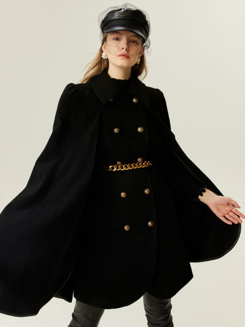 Ull Poncho Coat Dobbel Breasted Cape Chain Belte Yttertøy For Dame - Svart