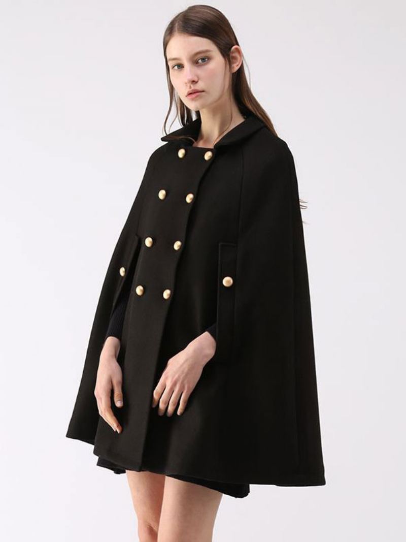 Ull Poncho Coat Dobbel Breasted Cape Vinter Yttertøy For Dame - Sort