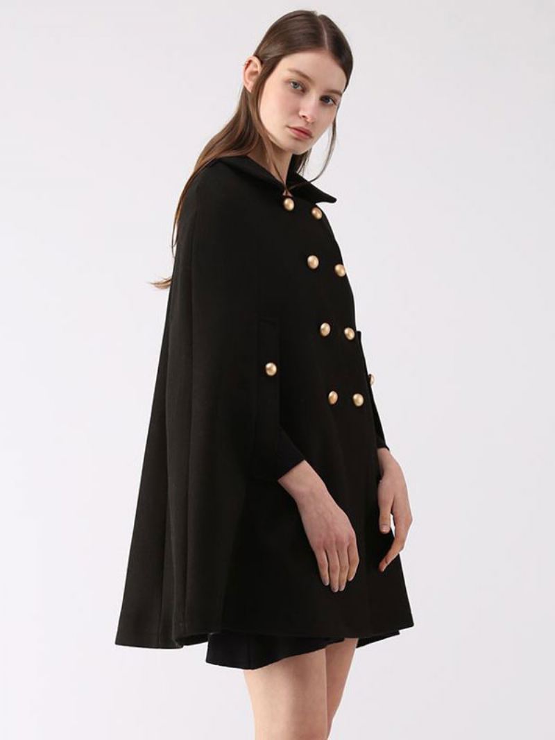 Ull Poncho Coat Dobbel Breasted Cape Vinter Yttertøy For Dame - Sort