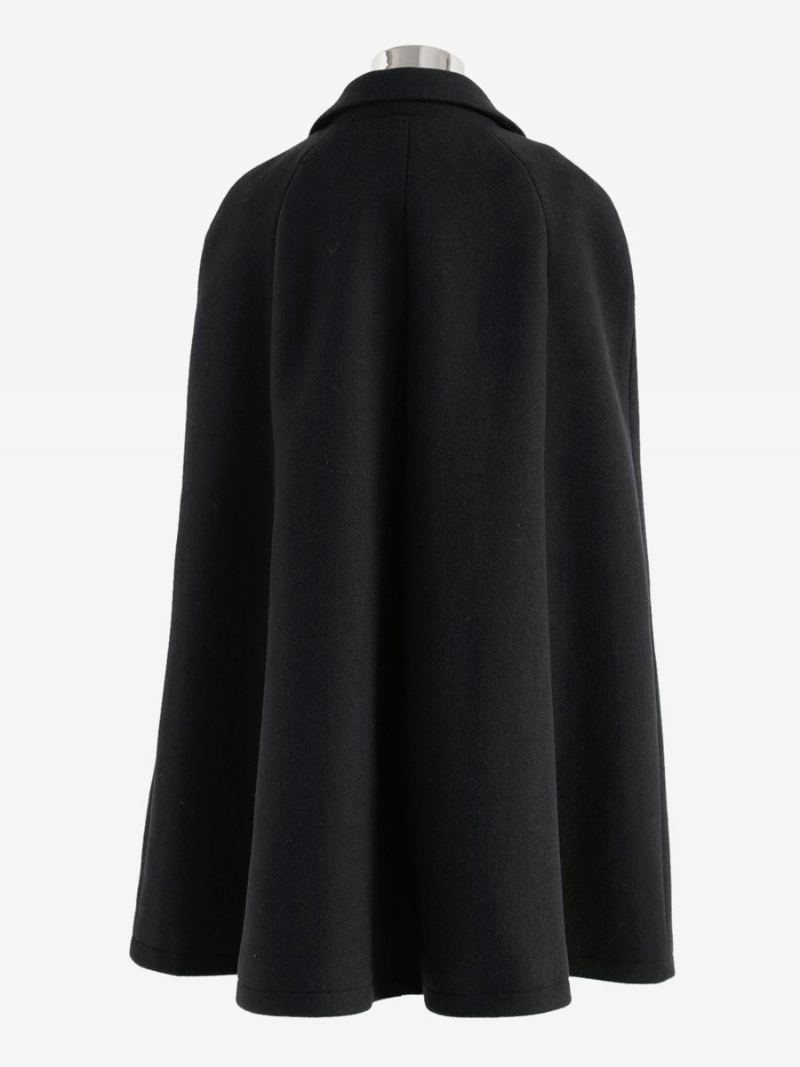 Ull Poncho Coat Dobbel Breasted Cape Vinter Yttertøy For Dame - Sort