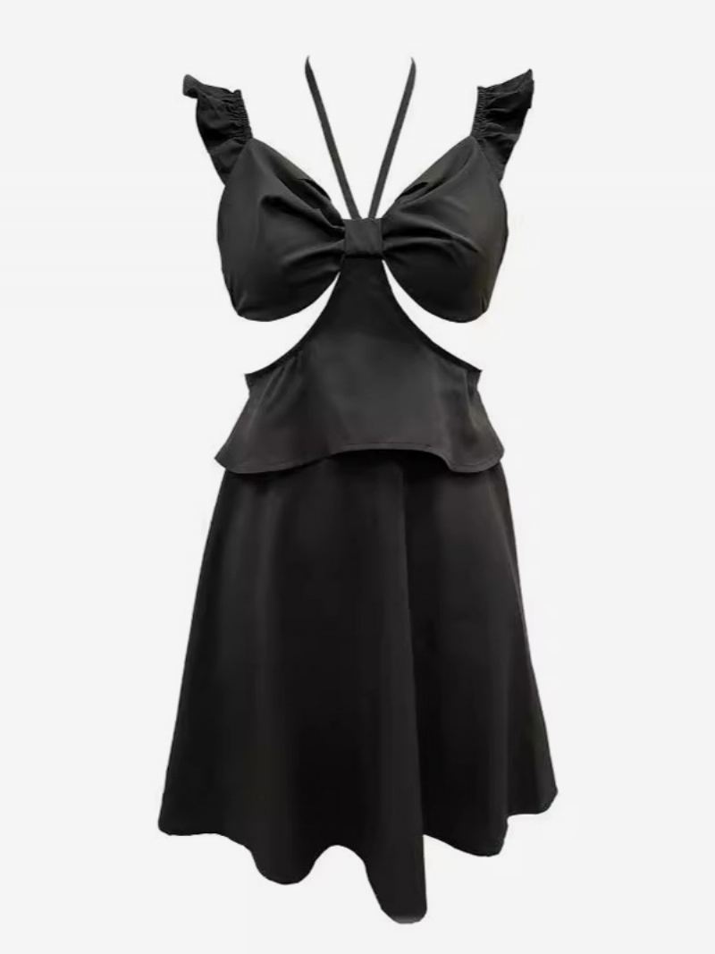 Liten Svart Kjole For Kvinner Halter Ruffles Cutout Backless Party Sexy Minikjoler - Svart