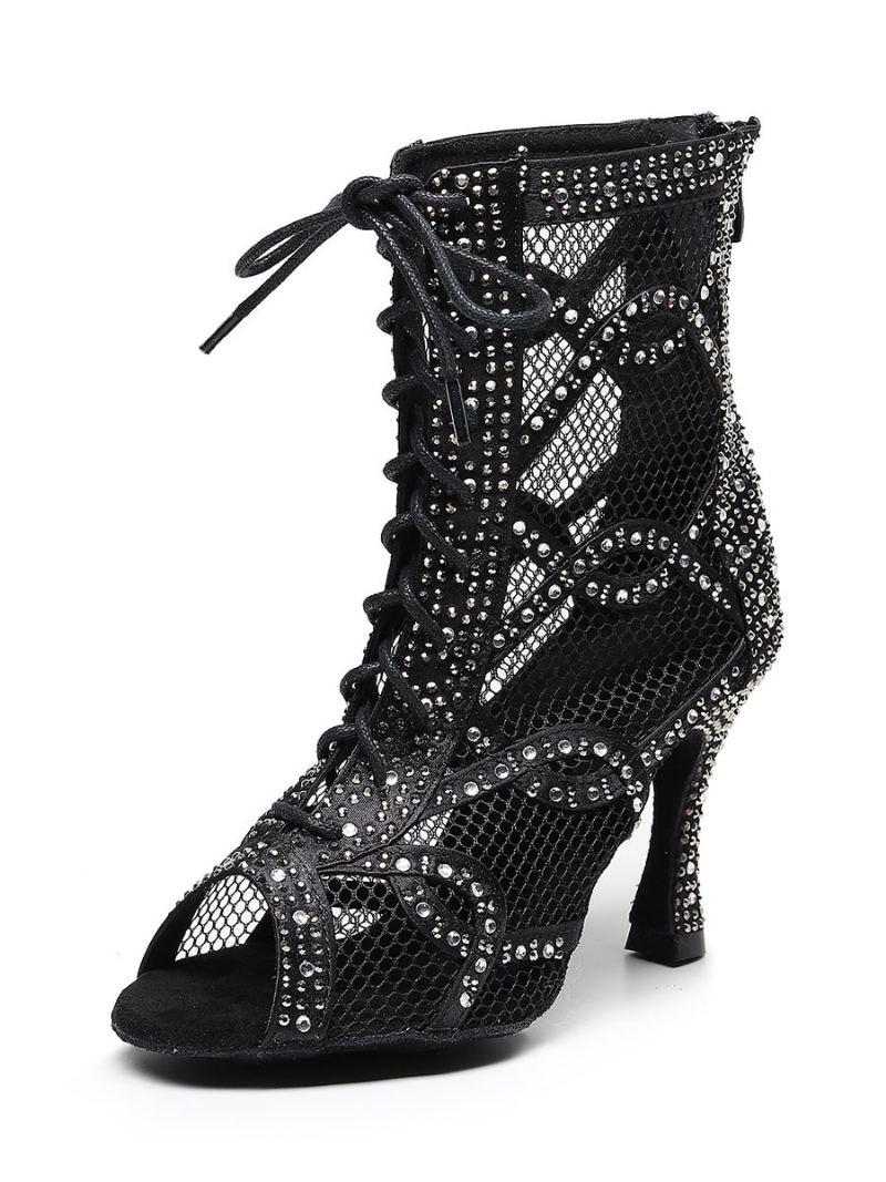 Dame Rhinestones Nets Lace Up Dance Booties - Sort