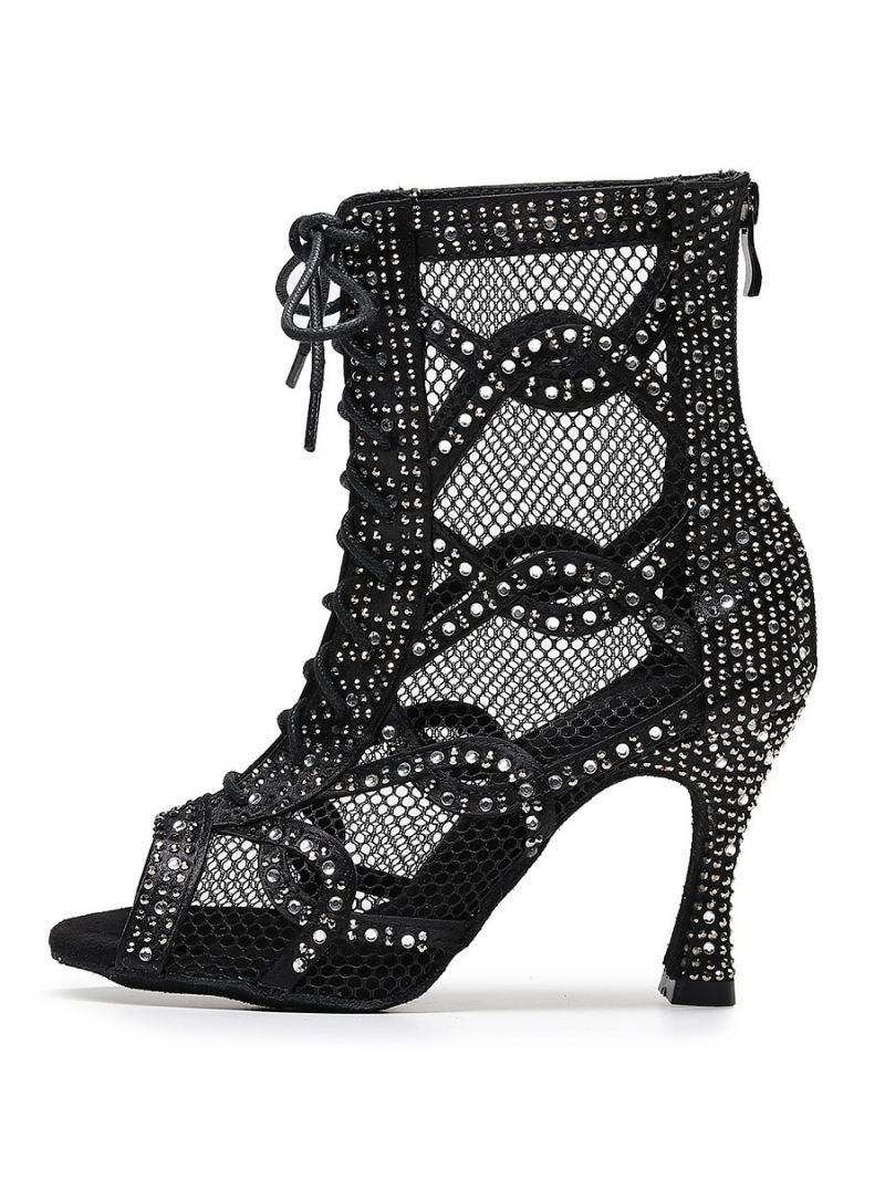 Dame Rhinestones Nets Lace Up Dance Booties - Sort