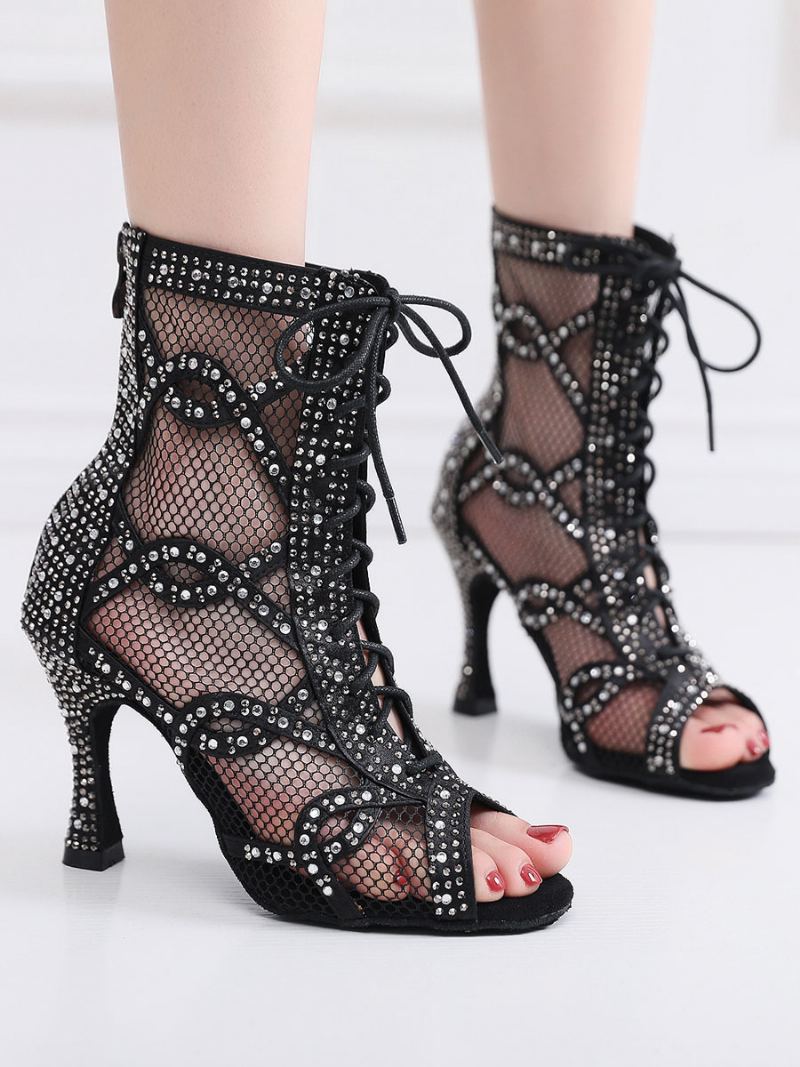 Dame Rhinestones Nets Lace Up Dance Booties - Sort